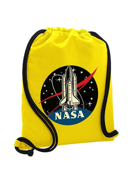 Rucsac cu însemnul NASA, tip sac de sport, buzunar galben, 40x48cm și șnururi groase