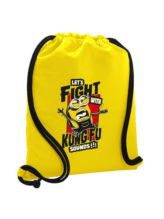 Rucsac Minions Let's Fight cu sunete Kung Fu, sac de sport cu snur galben, buzunar 40x48cm și șireturi groase