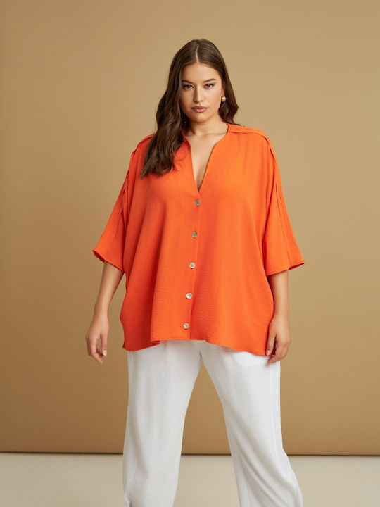 Mat Fashion Μακρυμάνικο Γυναικείο Πουκάμισο Πορτοκαλί
