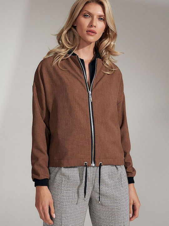 Figl Women's Short Bomber Jacket for Winter Brown