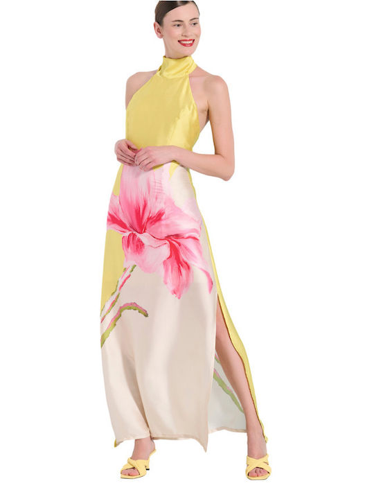 Matis Fashion Maxi Βραδινό Φόρεμα Σατέν Εξώπλατο με Σκίσιμο Μπεζ