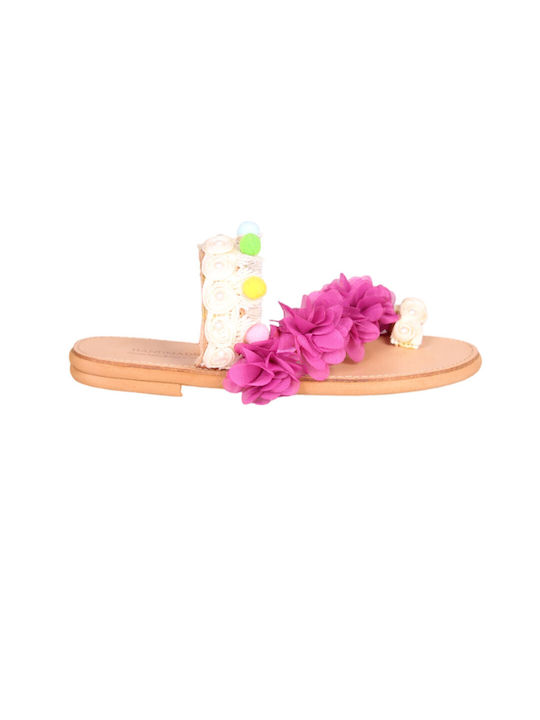 Sandale plate din piele pentru femei cu pom-pomuri Tress, flori multicolore magenta
