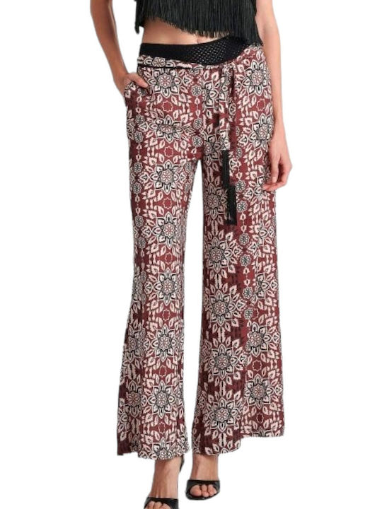 Attrattivo Damen Stoff Palazzo-Hose Blumen Burgundy