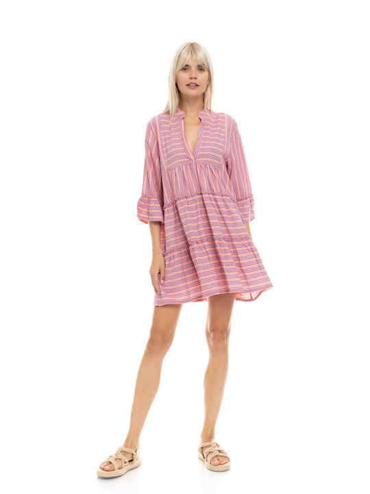 Γυναικείο Beachdress Pink Label Φόρεμα Ροζ Ριγέ Regular Fit Cotton
