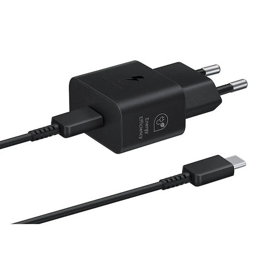Samsung Charger GaN with USB-C Port and Cable USB-C 25W Power Delivery Blacks (EP-T2510EBE + EP-DN980BBE Bulk)