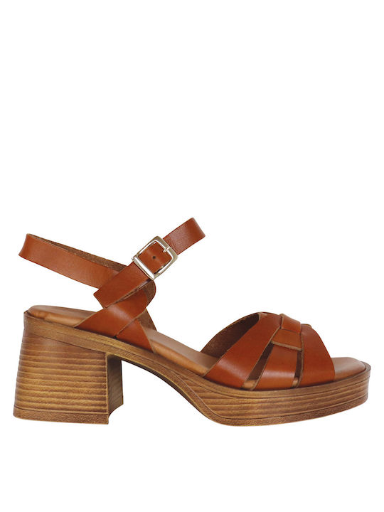 koniaris Leather Women's Sandals Tabac Brown with Medium Heel