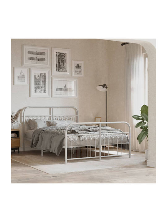 Pat Dublu Metalic Alb cu Lamele pentru Saltea 137x190cm