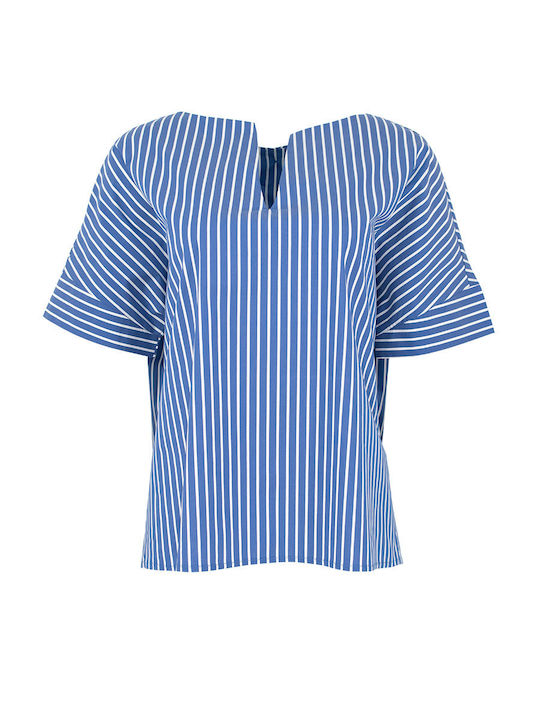 Pirouette Women's Blouse Cotton Short Sleeve with V Neckline Striped Blue