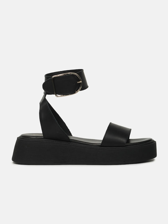 InShoes Flatforms Leather Women's Sandals with Ankle Strap Black