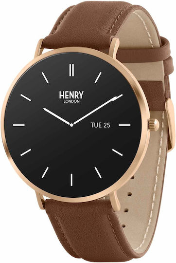 Henry London Smart Stainless Steel 43mm Smartwatch με Παλμογράφο (Rose & Chocolate Leather)