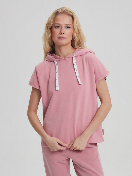Diverse System Women's Summer Blouse Cotton Short Sleeve with Hood Rose