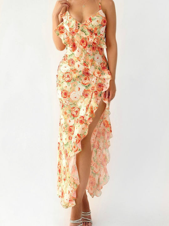 Annie White Orange Floral Maxi Dress with Ruffles