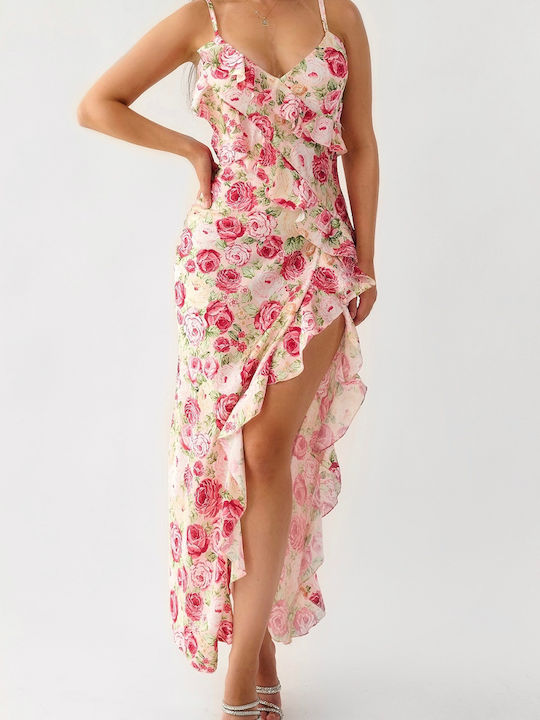 Annie White Pink Maxi Floral Dress with Ruffles