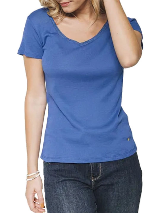 C'est Beau La Vie Damen T-shirt mit V-Ausschnitt Blau