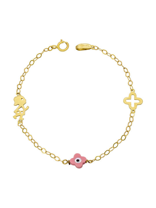 Savvas Design Kids Bracelet Chain from Gold 14K with Evil Eye & Σταυρό