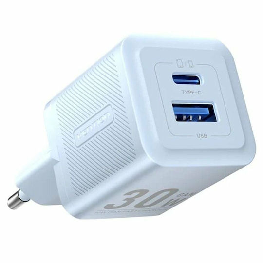 Vention Charger Without Cable GaN with USB-A Port and USB-C Port 30W Power Delivery / Quick Charge 3.0 Blue (FEQL0-EU)
