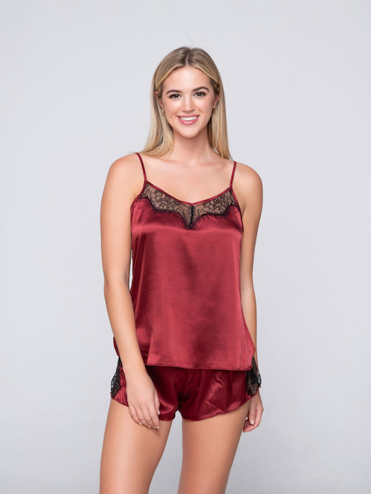 Luna De vară Pentru Femei Satin Bluză Pijamale Red