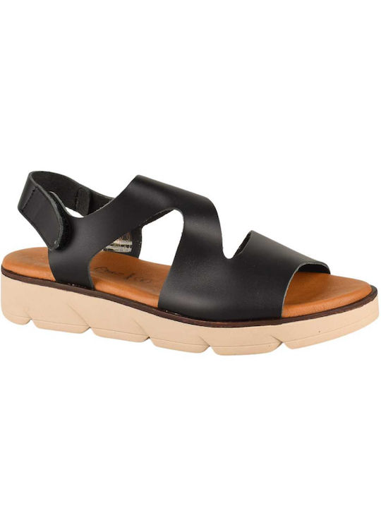 Yfantidis Leather Women's Flat Sandals in Black Color