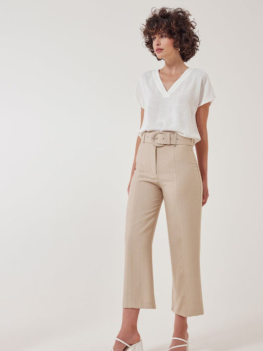 Enzzo Damen Stoff Hose in Normaler Passform Beige