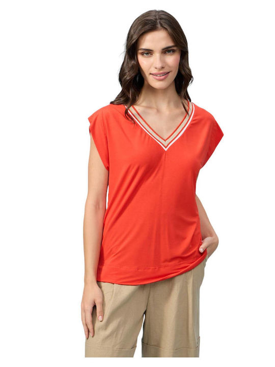 Passager Women's Blouse Short Sleeve with V Neckline Striped Coral