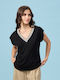 Passager Women's Blouse Short Sleeve with V Neckline Black