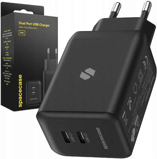 Spacecase Ladegerät ohne Kabel GaN mit 2 USB-A Anschlüsse 45W Stromlieferung / Schnellaufladung 3.0 Schwarzs (SC006B)