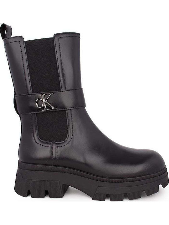 Leder Damen Chelsea Stiefeletten mit mittlerem Absatz Schwarz