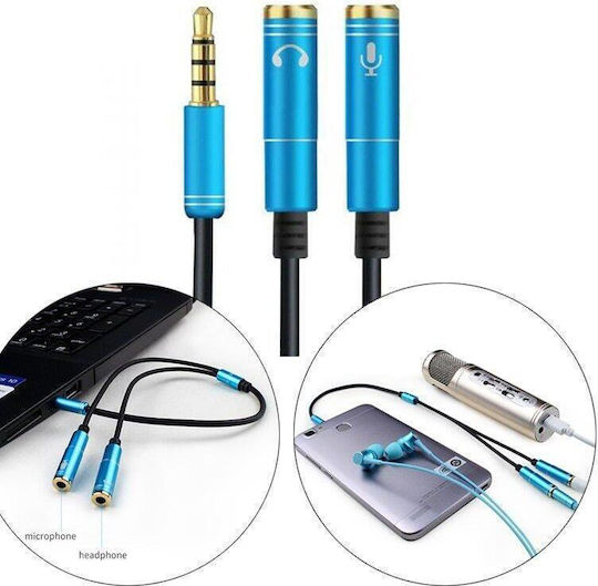 QIHANG 3.5mm Jack Cable Male - 2x 3.5mm Female Blue 1m with Gold Plated Terminals