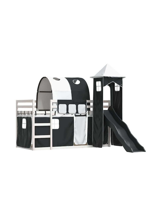 Pat pentru Copii Loft Bed Single Alb-Negru pentru Saltea 90x200cm
