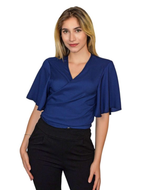 Morena Spain Damen Bluse Satin Kurzärmelig Blue