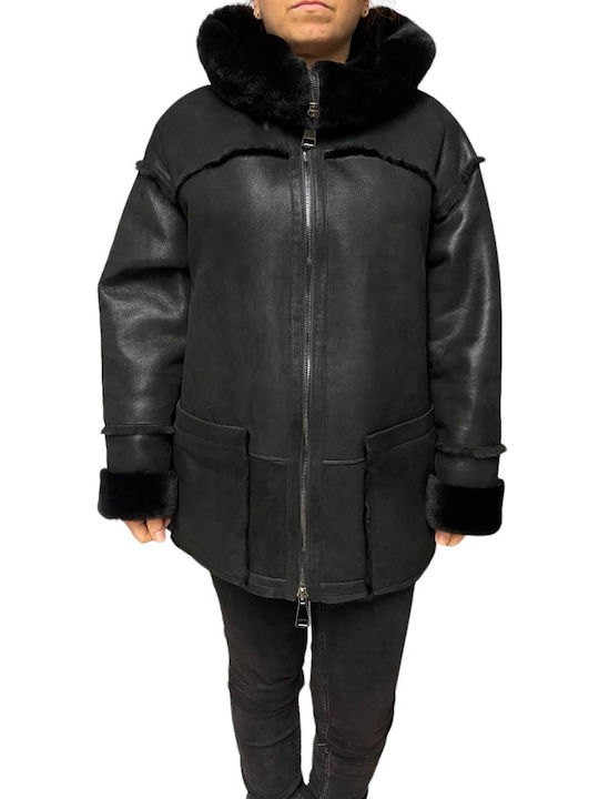 MARKOS LEATHER Women's Mouton Coat with Zipper and Hood Black