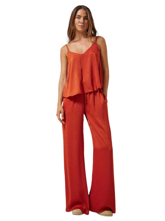 Enzzo Women's Satin Trousers with Elastic Orange