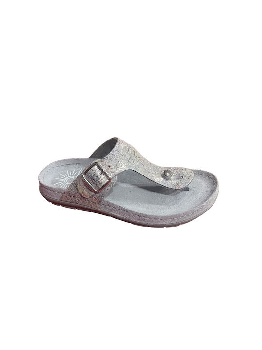 Sunny Sandals Leather Women's Flat Sandals Anatomic in Silver Color