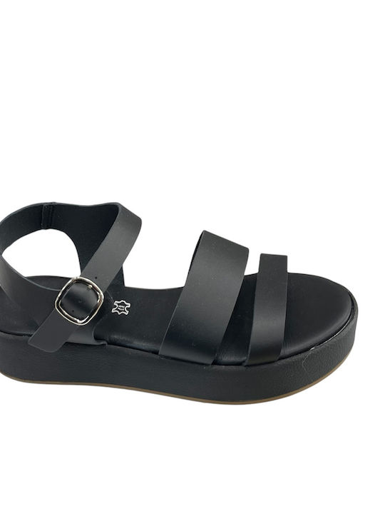 Barocco Leather Women's Flat Sandals in Black Color