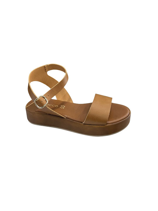 Barocco Leather Women's Flat Sandals in Tabac Brown Color