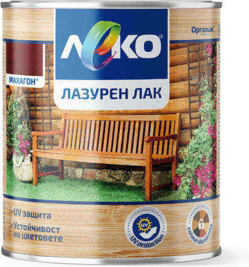 Синьо дървено лак Leko Color Махагон 650 мл Защита срещу влага UV лъчи Лакиране на дървени повърхности в интериор и екстериор Бляскав завършек