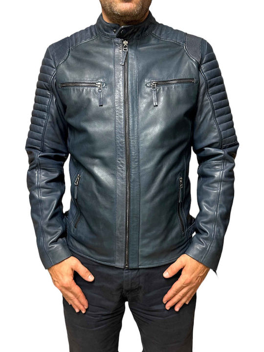 MARKOS LEATHER Men's Leather Biker Jacket Blue