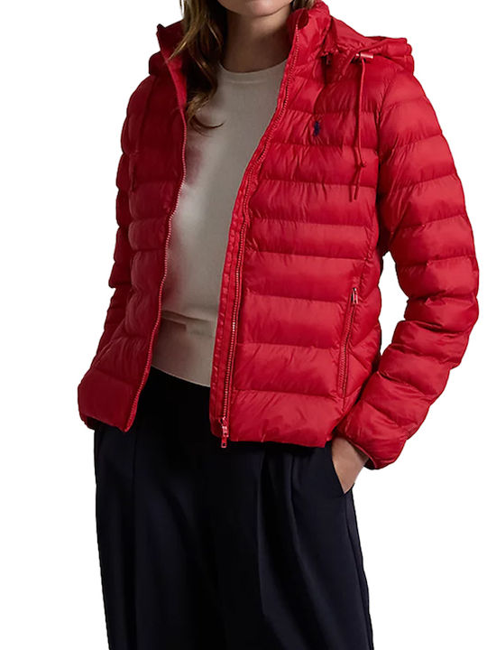 Ralph Lauren Women's Short Puffer Jacket Waterproof for Winter with Hood Red