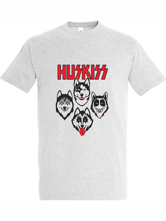 T-shirt Unisex " Huskiss Funny Dogs Kiss Rock Rockin Gift Husky Lover " Ash