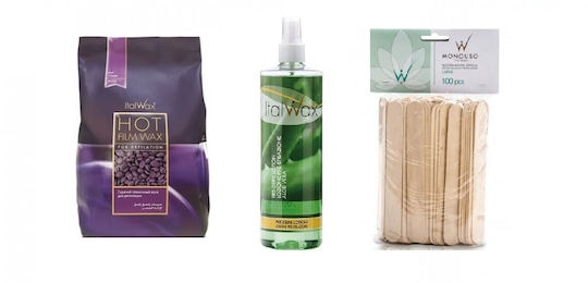 Set de îndepărtare a părului Italwax Hot Film Plum Wax 1 Kg Loțiune pre-epilare cu Aloe Vera 500 Ml Spatule