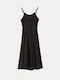 Midi Satin Nightgown with Straps Black