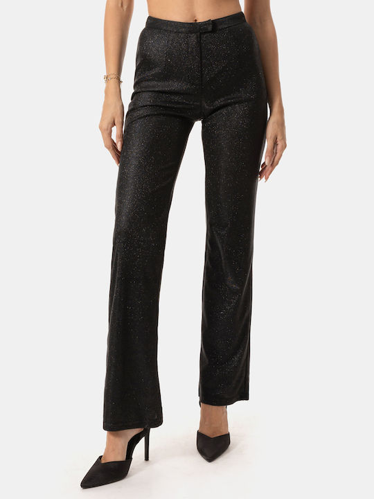 High-Waisted Glitter Effect Black Trousers