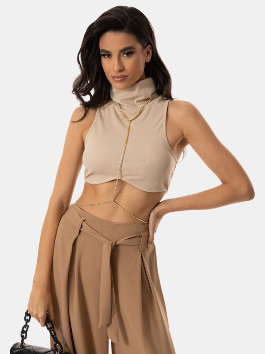 Crop Top Sleeveless Turtleneck Beige