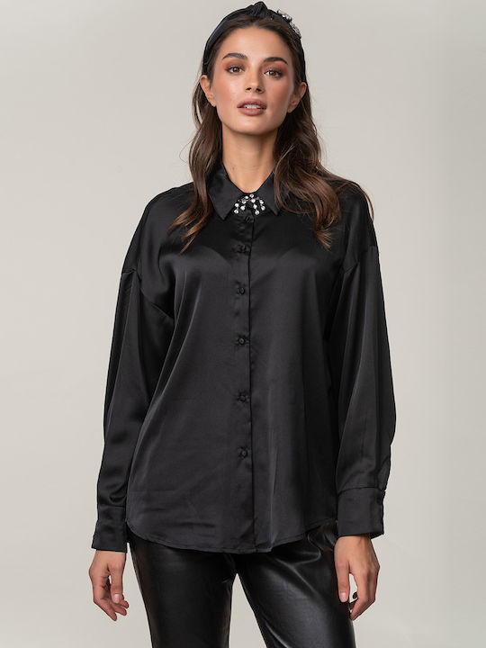 Rock Club Women's Satin Monochrome Long Sleeve Shirt Black