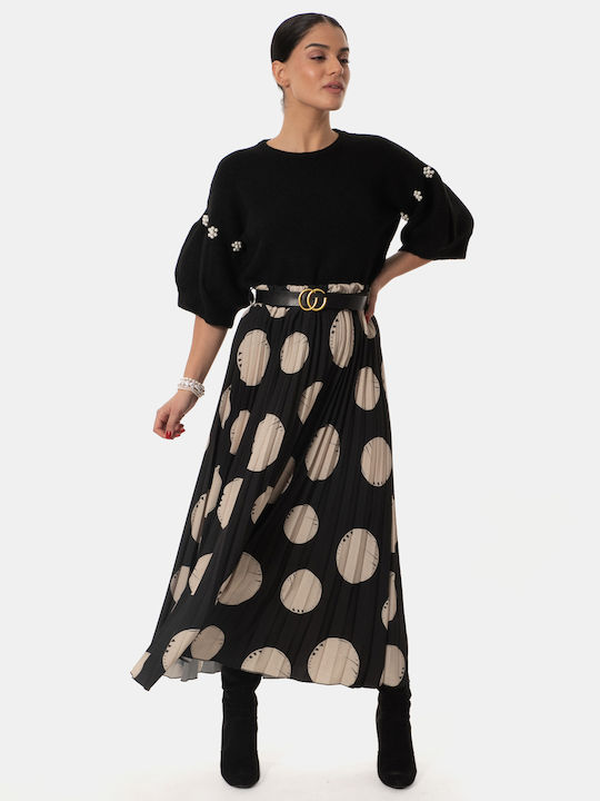 Polka Dot Pleated Skirt with Belt Black