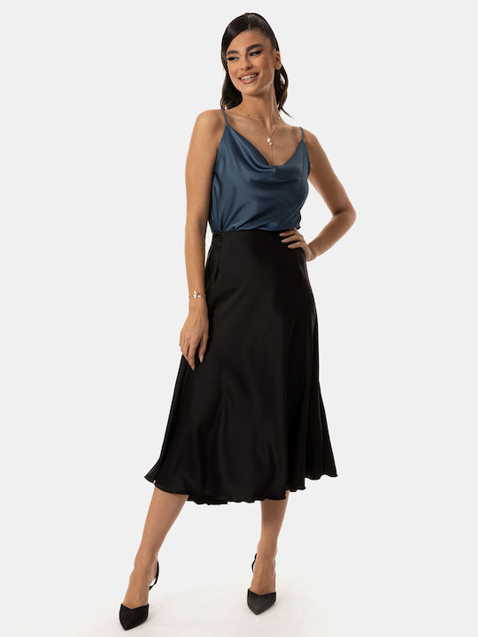 Black Satin A-Line Midi Skirt