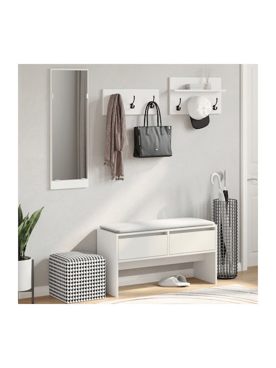 Mobilier de Intrare cu Oglindă / Cuier / Dulap pentru Pantofi & Bancă Alb 90x31x46.5cm