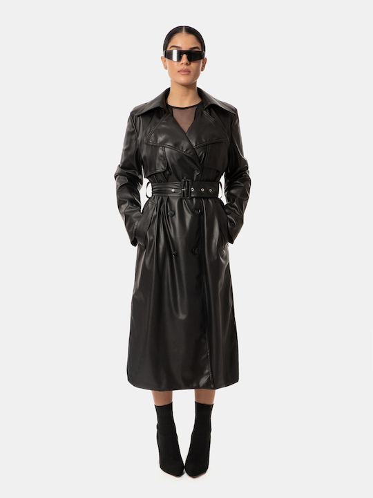 Faux Leather Trench Coat with Belt Black