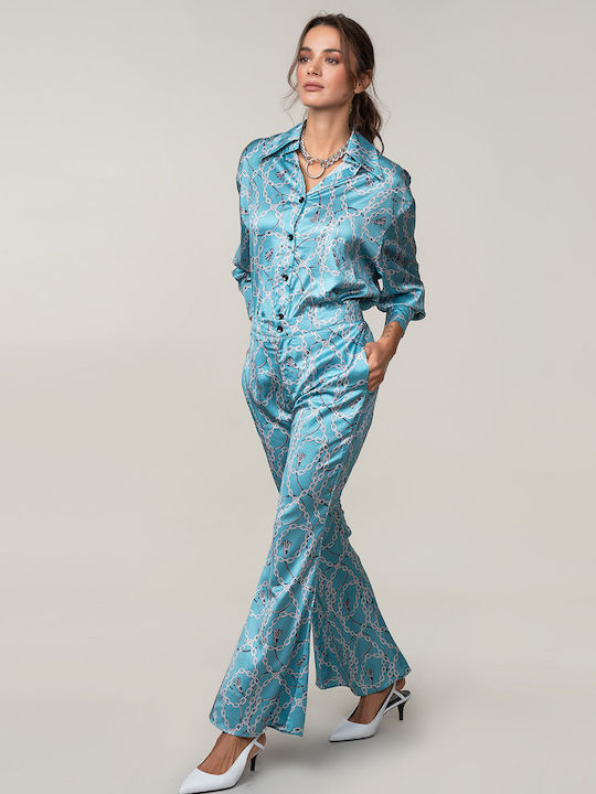 Satin Trousers and Shirt Set in Sky Blue