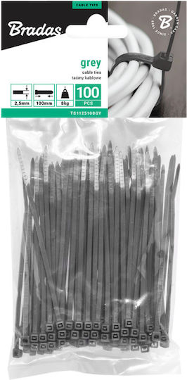 Bradas Plastic Cable Ties 200mmx3.6mm In Grey Colour 100pcs 4707998250024